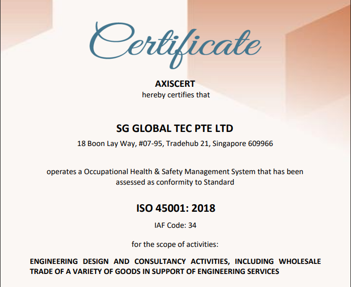 ISO 45001:2018 certificate issued to SG Global Tec Pte Ltd by AXISCERT
